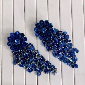 Vintage 80s metallic blue sequined floral waterfall chandelier earrings